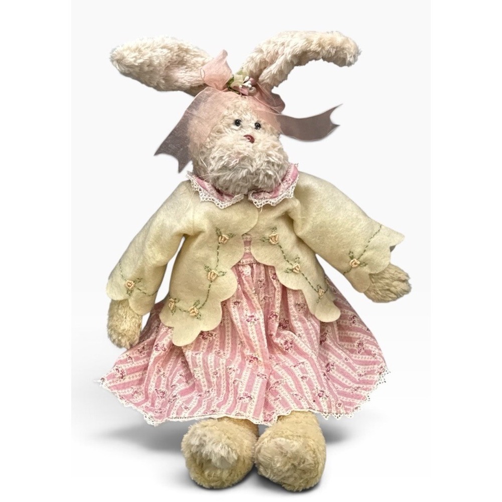 Vtg Bunny Rabbit Anthropomorphic Plush Shelf Sitter Pink Floral Dress Easter14"